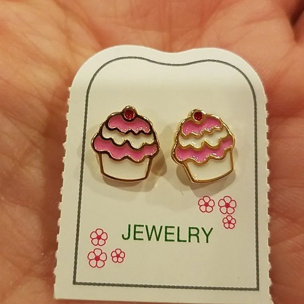14k gold plated Brass Enamel Pink Cupcake Earring